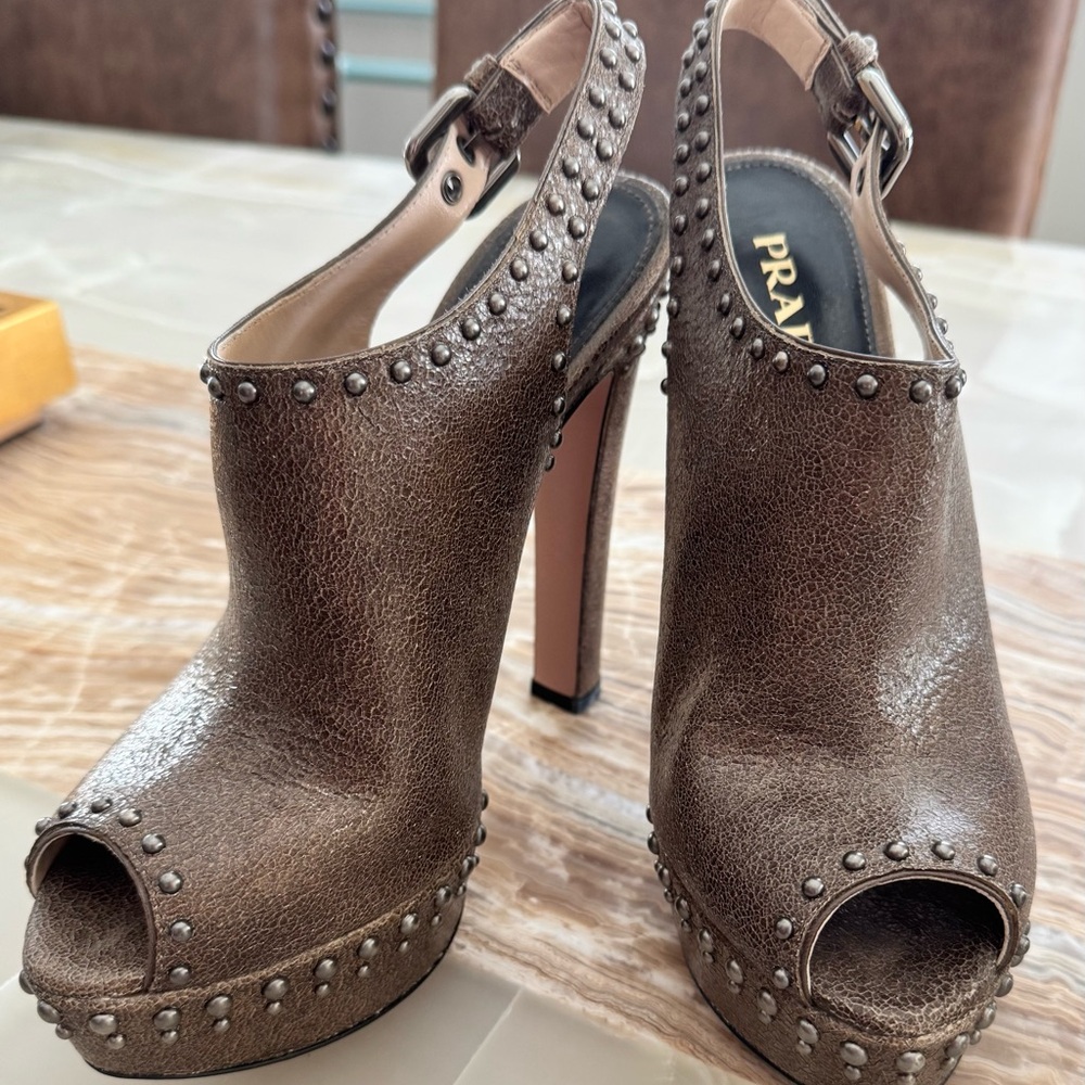 Prada Brown Peep-Toe Slingback Heels